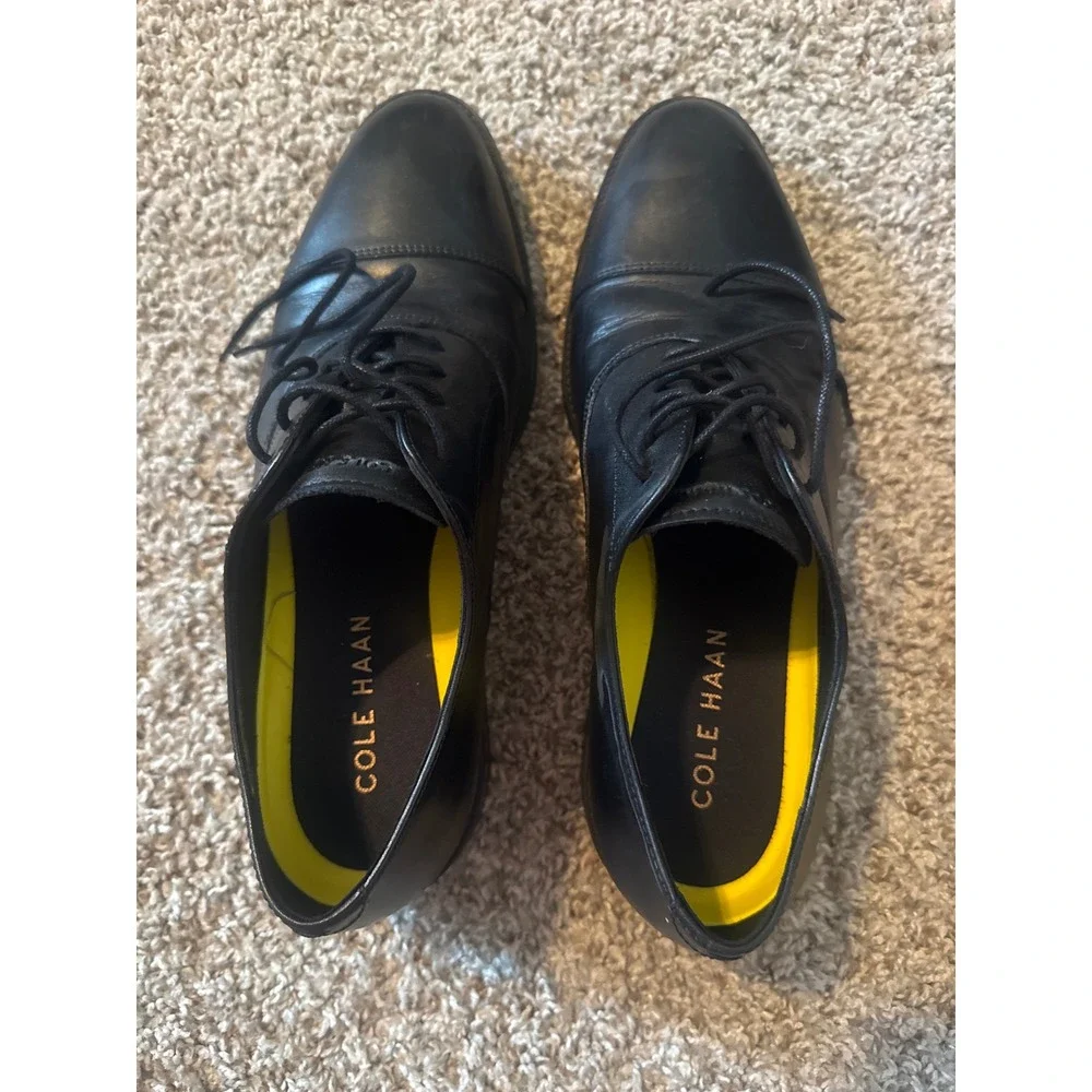 Cole Haan Grand Mens Black Leather Cap Toe Oxford Dress Shoes Lace Up